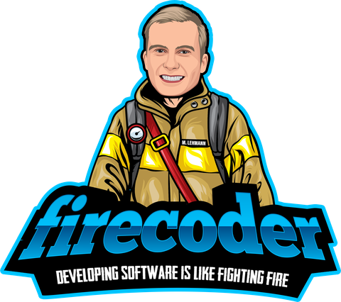 firecoder Logo: Feuerwehrhelm mit Schriftzug firecoder